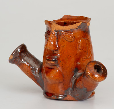 Very Fine Pennsylvania Redware Figural Face Pipe Bowl Inscribed "D. L. S."