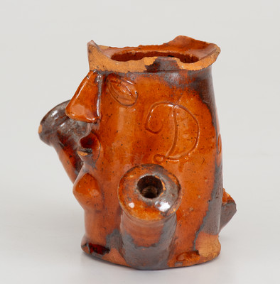 Very Fine Pennsylvania Redware Figural Face Pipe Bowl Inscribed "D. L. S."