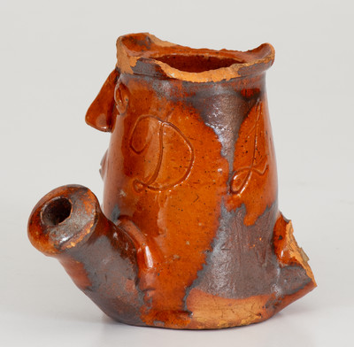 Very Fine Pennsylvania Redware Figural Face Pipe Bowl Inscribed "D. L. S."