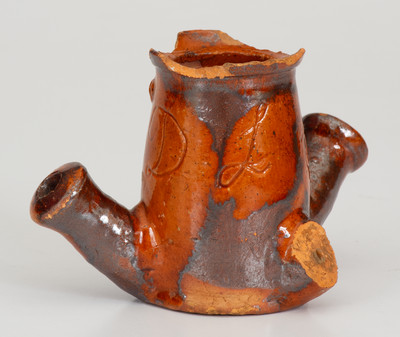 Very Fine Pennsylvania Redware Figural Face Pipe Bowl Inscribed "D. L. S."