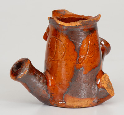 Very Fine Pennsylvania Redware Figural Face Pipe Bowl Inscribed "D. L. S."