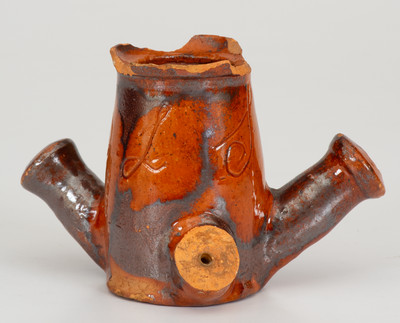 Very Fine Pennsylvania Redware Figural Face Pipe Bowl Inscribed "D. L. S."