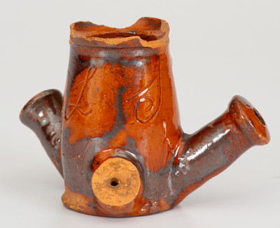 Very Fine Pennsylvania Redware Figural Face Pipe Bowl Inscribed "D. L. S."