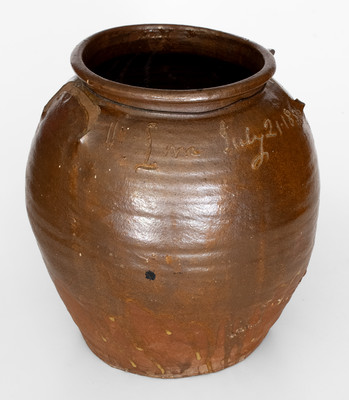 Rare "Lm / July 21, 1853" Four-Gallon Stoneware Jar by David Drake, Lewis Miles' Stony Bluff Manufactory, Edgefield District, SC
