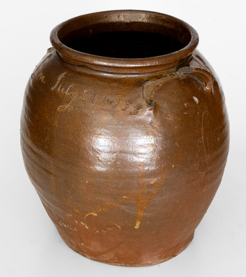 Rare "Lm / July 21, 1853" Four-Gallon Stoneware Jar by David Drake, Lewis Miles' Stony Bluff Manufactory, Edgefield District, SC