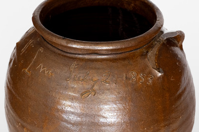 Rare "Lm / July 21, 1853" Four-Gallon Stoneware Jar by David Drake, Lewis Miles' Stony Bluff Manufactory, Edgefield District, SC