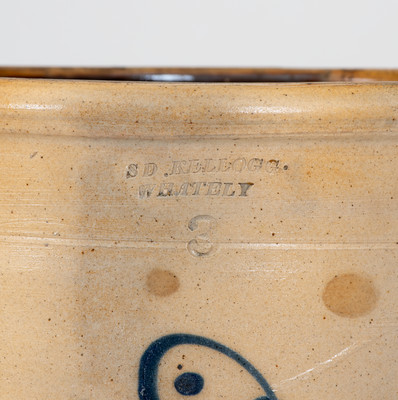 Rare S. D. KELLOGG / WHATELY Stoneware Crock w/ Slip-Trailed Bird Decoration