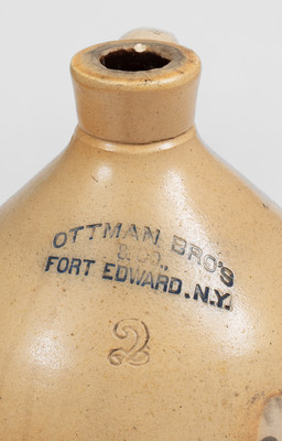 2 Gal. OTTMAN BROS. & CO. / FORT EDWARD, NY Stoneware Jug w/ Bird Decoration