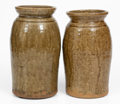 Pair of Alkaline-Glazed Stoneware Canning Jars, Incised 
