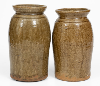 Pair of Alkaline-Glazed Stoneware Canning Jars, Incised