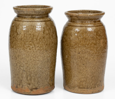 Pair of Alkaline-Glazed Stoneware Canning Jars, Incised 
