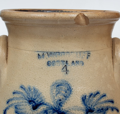 4 Gal. M. WOODRUFF / CORTLAND Stoneware Churn w/ Elaborate Floral Decoration