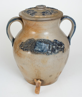 Ornate Open-Handled Stoneware Water Cooler w/ Applied Decoration, probably Hastings & Belding, Ashfield, Mass.