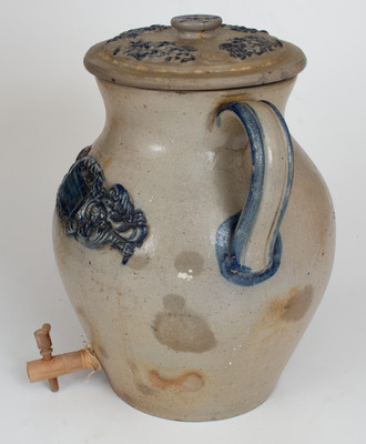 Ornate Open-Handled Stoneware Water Cooler w/ Applied Decoration, probably Hastings & Belding, Ashfield, Mass.