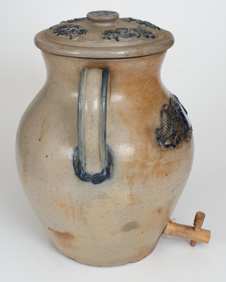 Ornate Open-Handled Stoneware Water Cooler w/ Applied Decoration, probably Hastings & Belding, Ashfield, Mass.