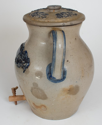 Ornate Open-Handled Stoneware Water Cooler w/ Applied Decoration, probably Hastings & Belding, Ashfield, Mass.