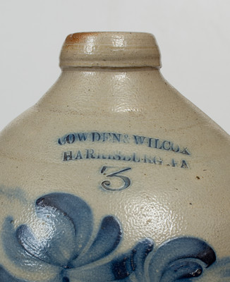 3 Gal. COWDEN & WILCOX / HARRISBURG, PA Stoneware Jug w/ Floral Decoration