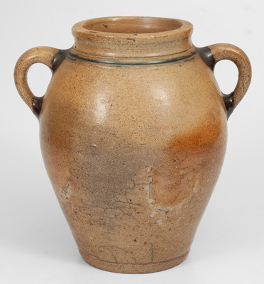 Rare Double-Handled Manhattan / New York City Stoneware Jar w/ Two-Color Slip Decoration, circa 1770