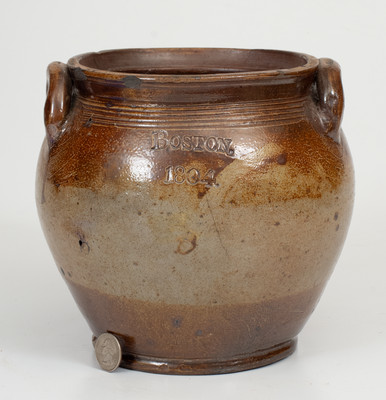 Exceptional Small-Sized BOSTON / 1804 Squat Stoneware Jar by Frederick Carpenter