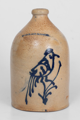 WHITE & CO. / BINGHAMTON Stoneware Jug w/ Unusual Slip-Trailed Bird Decoration