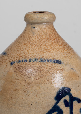 WHITE & CO. / BINGHAMTON Stoneware Jug w/ Unusual Slip-Trailed Bird Decoration