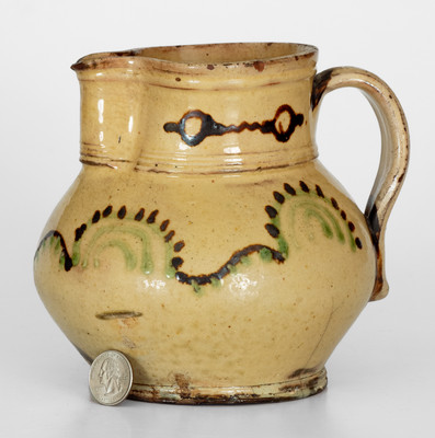 Rare and Fine Early Hagerstown, MD Redware Pitcher w/ Green and Brown Slip Decoration, possibly Peter / John Bell