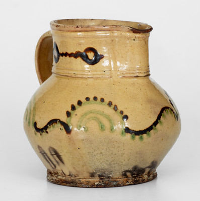 Rare and Fine Early Hagerstown, MD Redware Pitcher w/ Green and Brown Slip Decoration, possibly Peter / John Bell