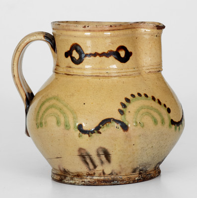 Rare and Fine Early Hagerstown, MD Redware Pitcher w/ Green and Brown Slip Decoration, possibly Peter / John Bell