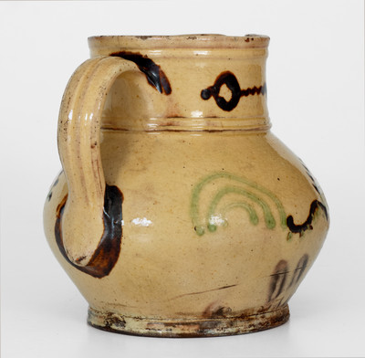 Rare and Fine Early Hagerstown, MD Redware Pitcher w/ Green and Brown Slip Decoration, possibly Peter / John Bell