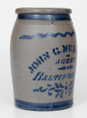 JOHN G. MEDINGER / BALTIMORE, MD Stoneware Advertising Jar, Western PA origin