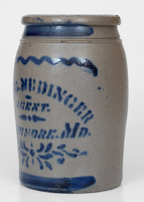 JOHN G. MEDINGER / BALTIMORE, MD Stoneware Advertising Jar, Western PA origin