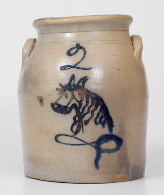 Rare attrib. W. Hart, Ogdensburg, NY Stoneware Jar w/ Horse Head Decoration