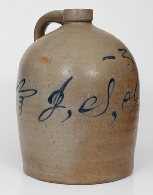 Rare Midwestern Stoneware Jug w/ Slip-Trailed Hand Decoration and Script Initials 