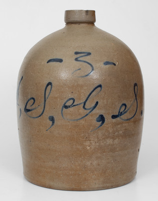 Rare Midwestern Stoneware Jug w/ Slip-Trailed Hand Decoration and Script Initials 