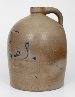 Rare Midwestern Stoneware Jug w/ Slip-Trailed Hand Decoration and Script Initials 