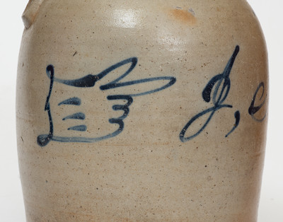 Rare Midwestern Stoneware Jug w/ Slip-Trailed Hand Decoration and Script Initials 