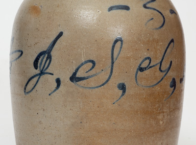 Rare Midwestern Stoneware Jug w/ Slip-Trailed Hand Decoration and Script Initials