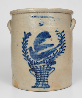 5 Gal. N. WHITE & CO. BINGHAMTON Stoneware Crock w/ Cobalt Bird-in-Urn Decoration