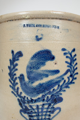 5 Gal. N. WHITE & CO. BINGHAMTON Stoneware Crock w/ Cobalt Bird-in-Urn Decoration