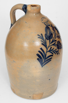 4 Gal. SAM L L. IRVINE / NEWVILLE, PA. Stoneware Jug w/ Floral Decoration, c1865