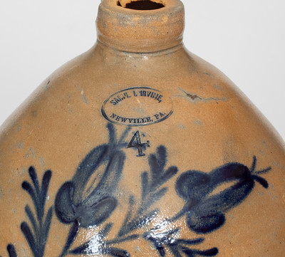 4 Gal. SAM L L. IRVINE / NEWVILLE, PA. Stoneware Jug w/ Floral Decoration, c1865