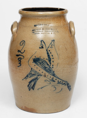 Very Rare ADAMS CENTER, NY Advertising Crock by S. Hart (Fulton) w/ Double-Bird Decoration and Incised Name