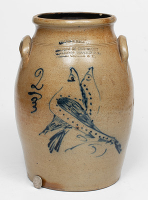 Very Rare ADAMS CENTER, NY Advertising Crock by S. Hart (Fulton) w/ Double-Bird Decoration and Incised Name