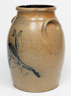 Very Rare ADAMS CENTER, NY Advertising Crock by S. Hart (Fulton) w/ Double-Bird Decoration and Incised Name