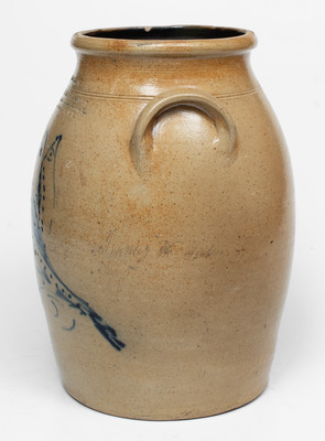 Very Rare ADAMS CENTER, NY Advertising Crock by S. Hart (Fulton) w/ Double-Bird Decoration and Incised Name