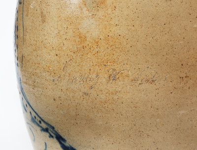 Very Rare ADAMS CENTER, NY Advertising Crock by S. Hart (Fulton) w/ Double-Bird Decoration and Incised Name