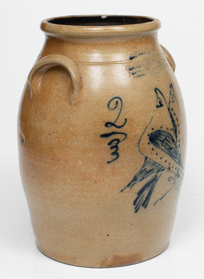 Very Rare ADAMS CENTER, NY Advertising Crock by S. Hart (Fulton) w/ Double-Bird Decoration and Incised Name