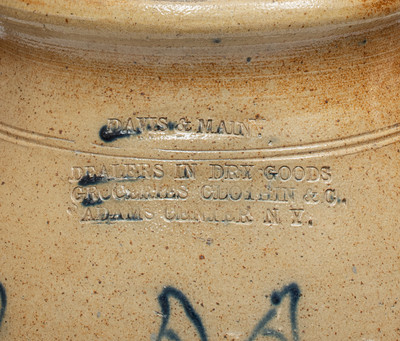 Very Rare ADAMS CENTER, NY Advertising Crock by S. Hart (Fulton) w/ Double-Bird Decoration and Incised Name