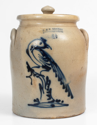 Fine 1 1/2 Gal. J. & E. NORTON / BENNINGTON, VT Stoneware Lidded Jar w/ Slip-Trailed Pheasant