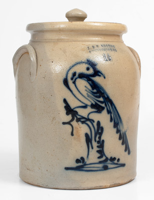 Fine 1 1/2 Gal. J. & E. NORTON / BENNINGTON, VT Stoneware Lidded Jar w/ Slip-Trailed Pheasant